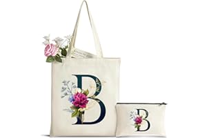 HAMATATA Personalizzata Iniziali Borsa Tela Donna, Borsa Shopper Donna con Borsa Cosmetica, Regali per Donna Amica Mamma, Sposa Damigella, Regalo di Compleanno, Anniversari, Nozze, Natale B