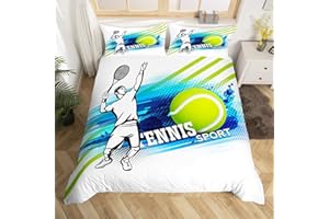 MANFEI Tennis Bettbezug Set S Größe,Cartoon Tennis Spieler Bettwäsche Set,Kinder Jungen Männer Teens Schlafzimmer Dekor,Ball Sport Spiele Tröster Abdeckung Mode Blau Grün Streifen Graffiti Quilt Cover,Weiß