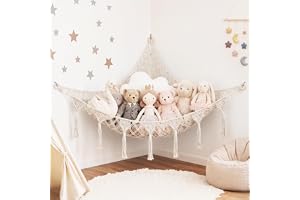 AUAUY Leksakshängmatta för gosedjur, teddyhängmatta, leksaksnät, makramé boho hörn, hängande organiserare med tofs, mjukt gosigt leksaksförvaringsnät för barn, sovrum, barnkammardekor