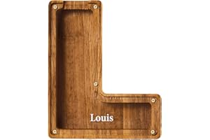 JOULLI Personalized Wooden Money Box, A-Z Letters Wooden Piggy Bank, Coin Bank with DIY Alphabet Stickers, Money Saving Bank Coin Storage Box Birthday Xmas Back to School Gifts (L)