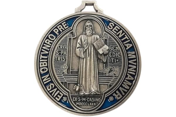 St Benedikt av Nursia Medalj, silverpläterad - Handmålad, Diameter 7 cm