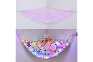 BeBeJoJo Stuffed Animals Storage with LED Light Toy Hammock Corner Room Decor Kids Toy Storage Organizer Wall Decor Net for Stuffed Animals