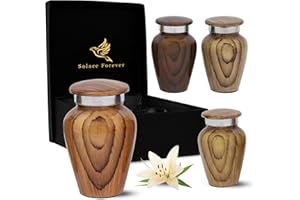 SOLACE FOREVER Kleine Urnen für Asche mit Holzdruck, Metallic, Einäscherungsurne für Männer und Frauen, Set mit 4 Mini-Urnen, Andenken-Urnen für menschliche Asche – Ehren Sie Ihren Liebsten mit Holzurnen männlich