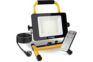 Luxari Foco de construcción LED [60W y 5400LM] - Lámpara de construcción regulable IP65 resistente al agua - 5m de cable y mando a distancia - Foco de trabajo LED - Clase energética A+