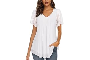 ACDAY Womens Blouses V Neck Ladies Tops Petal Short Sleeve Chiffon Tops Double Layers Mesh Tunic Tops Casual Shirts