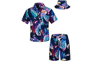 TUNEVUSE Little and Big Boys Hawaiian Shirt and Short Set, Summer Printed Kids Cabina Set with Hats