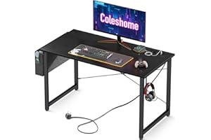 Coleshome Escritorio Pequeño, 100x48cm Mesa Ordenador Blanco con con 2 Tomas de Corriente y 2 Puertos USB de Carga, Mesa de Oficina con Soporte para Auriculares y Bolsa de Almacenaje para Casa, Negro