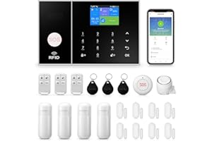 CLOUREE WiFi Kit d'alarme de sécurité Intelligent, GSM Système d'alarme Domestique sans Fil avec sirène, capteur de Mouvement PIR, télécommandes, capteur de fenêtre/Porte, Prise en Charge de l'alarme