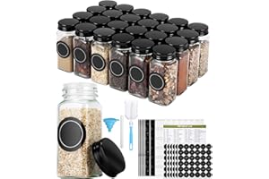 Cexovo 24x120ml Botes Especias Cristal, Cuadrado Tarros Especias Cuadrado Botes para Especias con Tamiz,Etiquetas,Embudo,Cepillo de Limpieza, Spice Jars para Parrilla,Cocina,Almacenamiento de Especias
