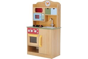 Teamson Kids Burlywood Wooden Play Kitchen, Toy Kitchen Playset, Large Kids Play Kitchen with Interactive Role Play Accessories, Retro Design,