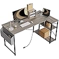 TIQLAB L Shaped Computer Desk with Power Outlets, 47 Inch Gaming Desk, Small Desk Corner Desk with Reversible Shelves, Study Desk Writing Desk for Home Office Bedroom, Work from Home, Beige, Grey