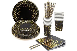 AHPYEUHK Piatti Carta Set di Piatti di Carta Usa e Getta 125pezzi Stoviglie per Feste Piatti e Bicchieri Tovagliolo Cannuccia per Varie Feste e Decorazioni di Compleanno (nero)