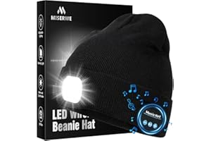 MISERWE Bonnet LED avec lumière, unisexe, lampe de poche rechargeable avec écouteurs sans fil, cadeau unique de Noël et d'anniversaire pour homme et femme, noir
