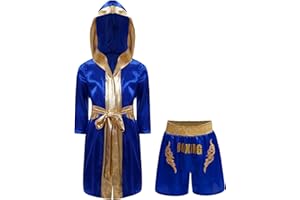 Moggemol Children Boxing Costumes Satin Long Hooded Cloak with Shorts Set Boys Girls Kickboxing MMA Training Outfit
