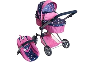 Bayer Chic 2000® 3in1 Kombi Puppenwagen Linus - Butterfly Navy-Pink- faltbar, höhenverstellbarer Griff 47-78 cm, mit Autositz – Puppen bis 52 cm, 4-8 J.
