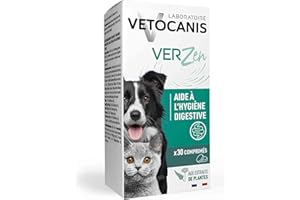 Vetocanis – Aliment Complémentaire pour Chiens et Chats, Bien-Être Intestinal et Hygiène Digestive, Formule aux Plantes, 30 Comprimés, Arôme Viande, Toutes Races et Âges, Fabriqué en France