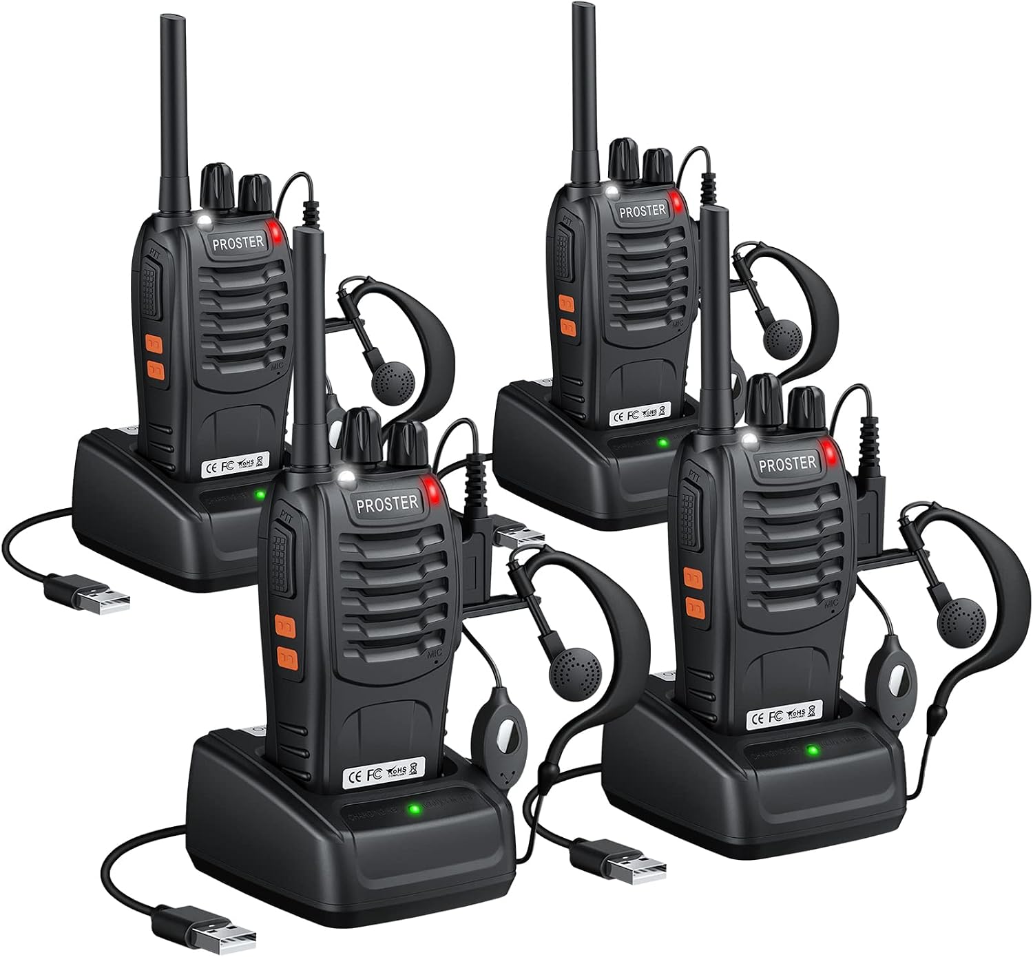 Proster Walkies Talkies Recargables 4PCS Walkie Talkie Profesional Walky Talky 16 Canales de Larga Distancia con Pinganillos,Linterna LED, VOX Función para Adultos y Niños