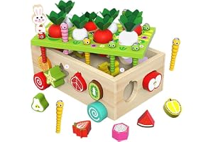 AM ANNA Toddlers Montessori Wooden Educational Toys, Shape Sorter Toys for Baby Boys Girls Age 2 3 4 Year Old,Shaped & Size Matching Game Fine Motor Skill Carrot Harvest Game