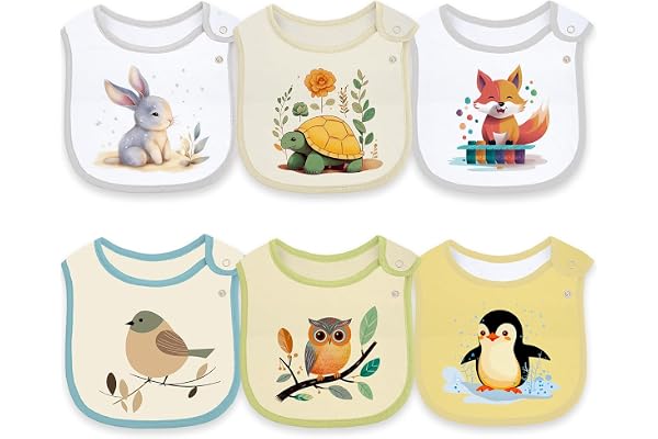 Maiwamita Lot de 6 bavoirs bébé en coton imperméable pour filles et garçons, avec boutons-pression pour la bave et le repas