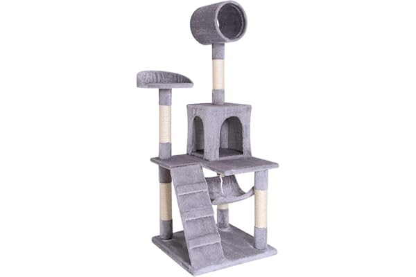 lionto Arbre à Chat avec hamac et Tunnel, Hauteur 133 cm, Arbre avec Corde en sisal et Peluche Douce, Surfaces de Repos et niches Confortables, pour Petits et Grands Chats, Gris Clair