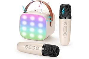 Duemste Karaoke Machine Kids with 2 Wireless Microphone,Portable Karaoke Machine with Bluetooth with LED Light and Pink Sticker for Boys Girls Families Birthday Party,Beige