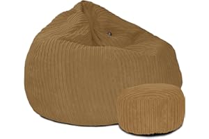 rucomfy Beanbags Slouchbag Large Corduroy Bean Bag Chair - Adult Bean Bag with Filling - Home Furniture Seating for Living Room or Bedroom - Machine Washable - 80 x 110cm (Caramel, with Footstool)