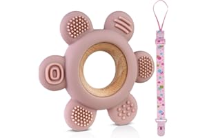 Vicloon Dentizione Neonati Giocattolo, Massaggiagengive per Neonati con Catenella Portaciuccio, Giocattoli per La Dentizione Senza BPA per Molar Lenire i Bambini, Faggio Rosa