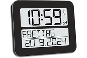 TFA Dostmann Digitale Funk-Wanduhr Timeline Max, 60.4512.01, übersichtliche Funkuhr, Demenzuhr, Küchenuhr, mit ausgeschriebenem Wochentag & Datum, mit Weckfunktion, 25,8 x 3 x 21,2 cm, schwarz
