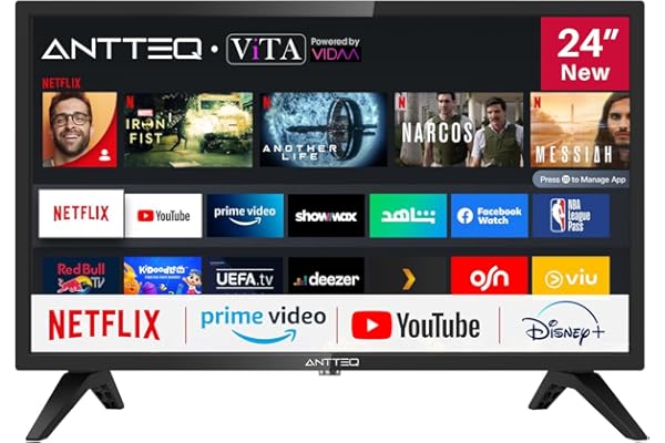 Antteq AV24H3 Smart TV 24 Pouces (60 cm) Téléviseur avec Netflix, Prime Video, Rakuten TV, Disney+, Youtube, UVM, WiFi, Triple-Tuner DVB-T2 / S2 / C