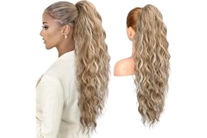 REECHO Ponytail Extension, 66 cm Long Beach Gewellt Zugband Pferdeschwanz Haarteil Synthetischer Pferdeschwanz Haarverlängerung für Frauen – Mischton aus Braun und Blond mit Strähnchen