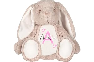 Personalised Bunny Rabbit Soft Toy - Custom Name And Initial Keepsake - Brown Pink Stars