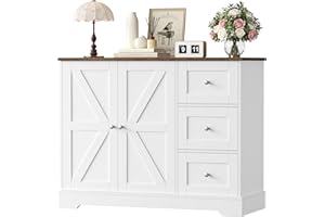 ‎HOCSOK HOCSOK Sideboard, Küchenschrank mit 3 Schubladen und 2 Türen, Buffetschrank mit Arbeitsplatten für Küche, Esszimmer, Wohnzimmer, Weiß & Braun