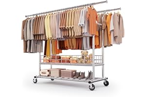 HOKEEPER Heavy Duty Double Rail Clothes Rack on Wheels, 283kg(625lbs) Capacity, with Mesh Storage Basket & Bottom Shelf, Extendable Length & Height for Bedroom, Boutique, Yard Sale