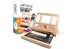 Artistik Mixed Media Easel Art Set – 34-Pc Wooden Desktop Easel Box Paint Set with Acrylic Paints, 3 Canvas Boards & Oil Pastels – Beginners & Artists Painting Kit
