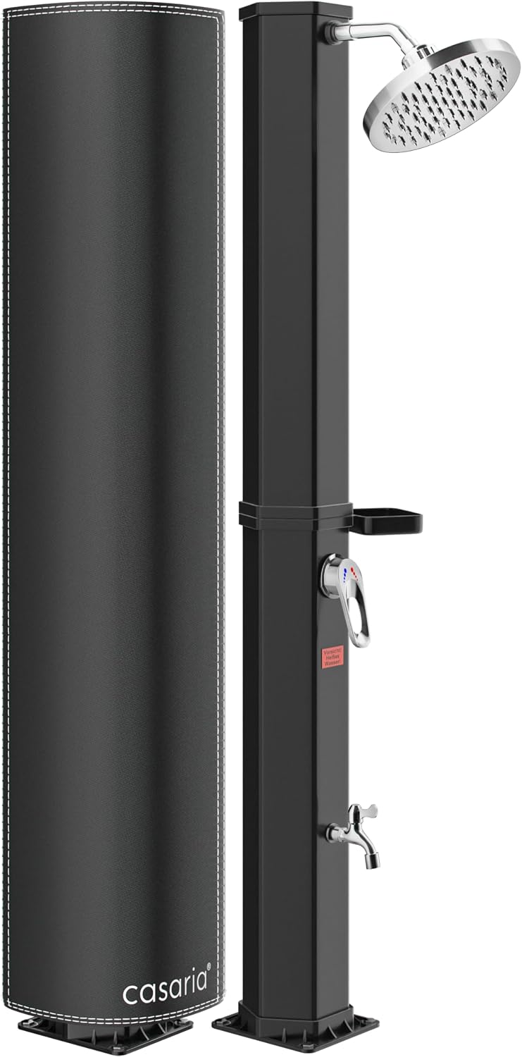 CASARIA® Ducha Solar Exterior 35 litros Agua Caliente máx. 60 °C Bandeja Cabezal Tipo Lluvia Cubierta Protectora Resistente Rayos UV Grifo Conexión de Manguera