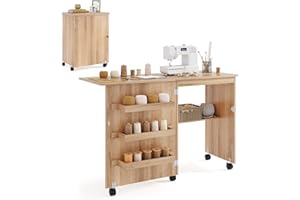 GIANTEX Armario de Costura Plegable con 5 Ruedas, Mesa de Coser con 3 Compartimentos y 1 Estante, Mueble para Máquina de Coser, Mesa Multifuncional para Manualidades, Ordenador (Grano de Madera)