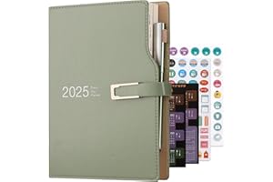 HOLDERZWU Akademischer Terminplaner 2025, A5-Format, ein Tag pro Seite, Terminplaner mit Kalenderaufklebern, Agenda, Planer mit Stifthalter und Stift, hochwertiges, dickeres Papier, 14 x 21,5 cm, Grün