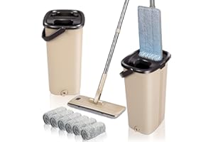 Seau Essoreur, Masthome Balai Serpillère 140cm avec 6 Tampons en Microfibre, Balais Nettoyer Sol Autonettoyante avec Seau Double Compartiment Humide et à Sec, Serpillière pour Nettoyage Types Sols