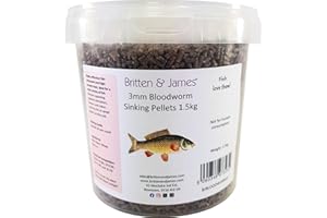 BRITTEN AND JAMES Premium 3mm Bloodworm Sinking Pellets Fishing Bait by Britten & James (1.5kg). High Attractant, Rapid Breakdown, 'Four Seasons' Bait in a Reusable 2L Tub - Red Dye Removed