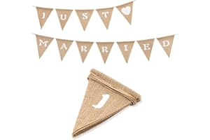 G2PLUS JUST MARRIED Burlap Bunting - 9 Feet Hessian Wedding Banner - Rustic Linen Garlands with 12PCS Jute Triangle Pennants - Vintage Cloth Shabby Chic Decoration for Rustic Wedding