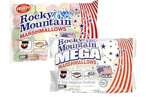 Rocky Mountain Marshmallows Tasting Set Fruity & Mega, des bonbons américains traditionnels colorés à rôtir sur un feu de camp, à griller ou à cuire, au goût de fruits, (1x300g, 1x340g)