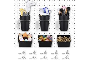 CIOUYAOS 6 Sets Pegboard Bins Pegboard Cups with Hooks and 10pcs Rings, Black Peg Board Holder Accessories Tools Organizing Storage for Garage Workbench Hobby Craft Room Home Office Kitchen Accessory