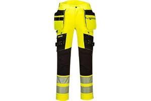 Portwest DX442 DX4 Hi-Vis Hölsterbyxor Flera Fickor Elastisk Midja Lättvikt | Gul/Svart, EN 14404, EN ISO 20471 Klass 2, UPF 50+, Polyester, Trippelsydda Sömmar, Reflekterande, Knäskyddsfickor, Knäskydd