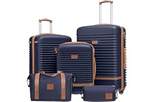 COOLIFE Suitcase Set 5PC: 28/24/20" + Weekenders, ABS Hard Shell Lightweight, 360°Wheels & TSA Locks Travel Luggage Sets - for Europe, Cruise, Study Abroad & Family Travel Blue/Brown