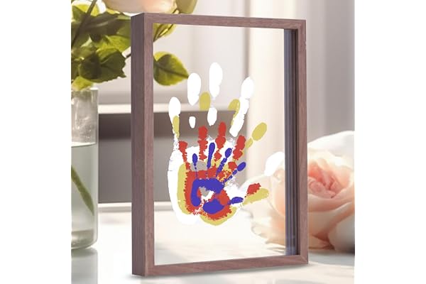 Kit d'empreintes de main familiales, cadre en bois, coffret cadeau infini, peintures non toxiques, feuilles transparentes (marron)