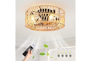 FIMEI Ceiling Fans with Lights and Remote, 6-Speed Reversible Fan, 19'' Hand-Woven Hemp Rope Fan Lighting for Living Room, Dining Room, Bedroom, Office, Timer, 11W Light, 20W Dc Motor