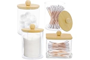 Griwuut 4 Pezzi Porta Cotton Fioc Organizzatore Acrilico Trasparente con Coperchio in Bambù per Dischetti Cotone Batuffoli Cotone Tamponi Cosmetic Spugnette Trucco Bagno