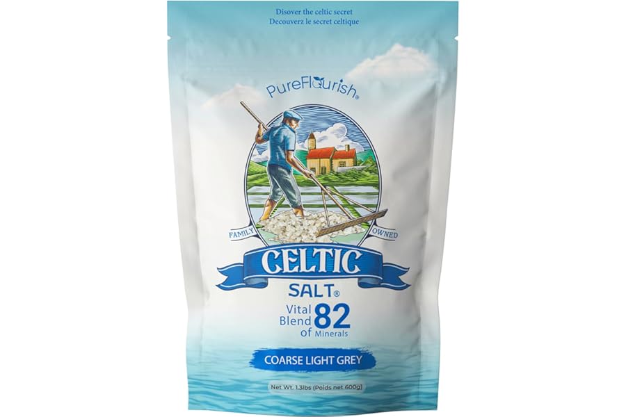 Pure Flourish Celtic Sea Salt - 600g | 100% Unrefined Celtic Salt | Rich in Essential Minerals | Hand Harvested Light Grey Celtic Salt Crystals from France