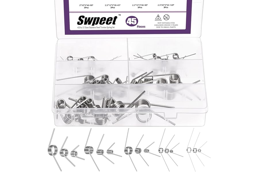 Swpeet 45Pcs 15 Sizes 45/90/120 Degree Stainless Steel Torsional Springs Assortment Kit, Mechanical Small Torsion Spring for Home Repair Woodworking DIY Project