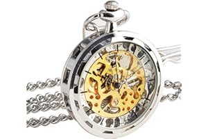 SIBOSUN Pocket Watch - Open Face Silver Vintage Steampunk Skeleton See Through Mechanical Chain